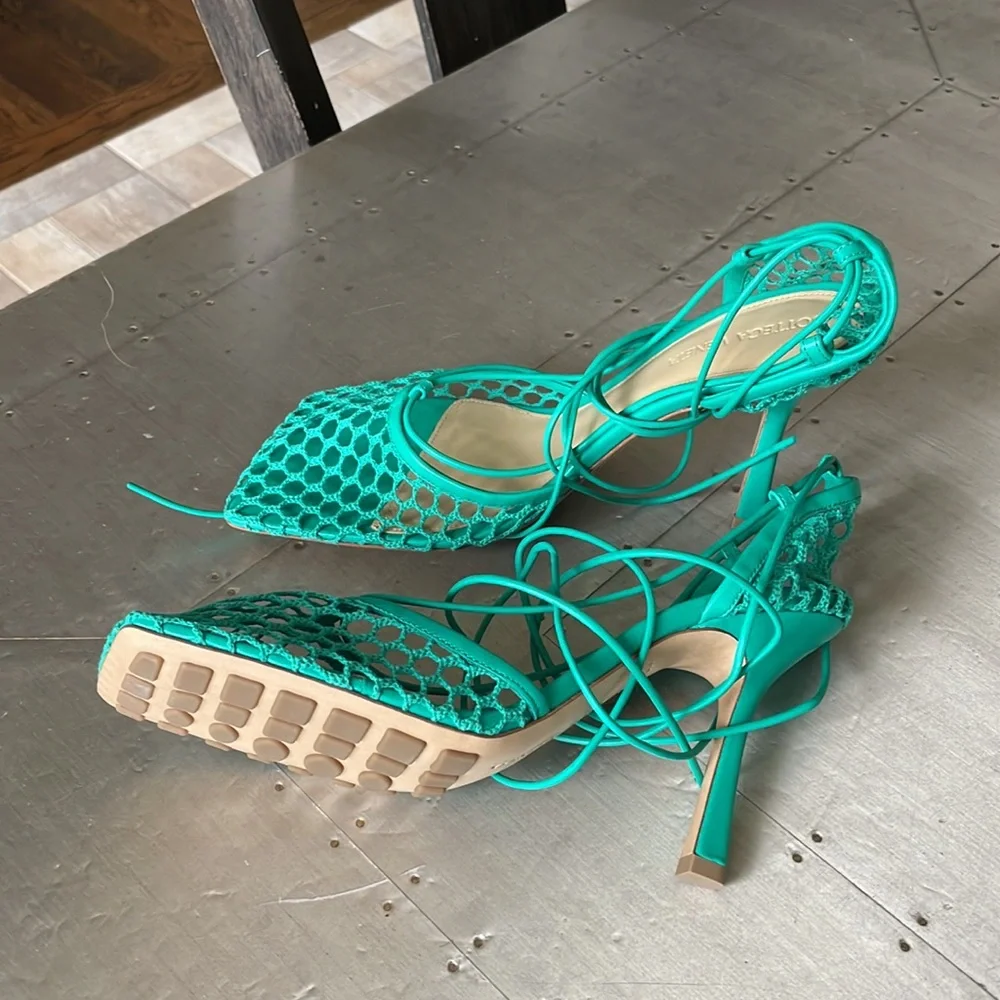 bottega veneta turquoise stretch web sandal pump sz 39